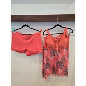 Two-Piece Womens Coral Floral Tankini Swimsuit With Crisscross Back & Matching S